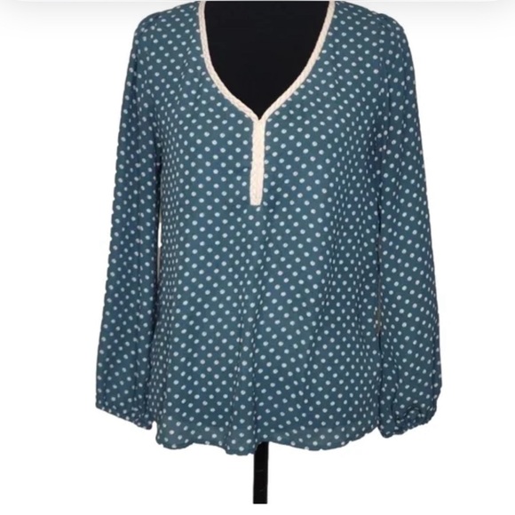 Xhilaration Top Teal Green White Polka Dot Long-Sleeve V-Neck Blouse Top Large - Picture 1 of 7